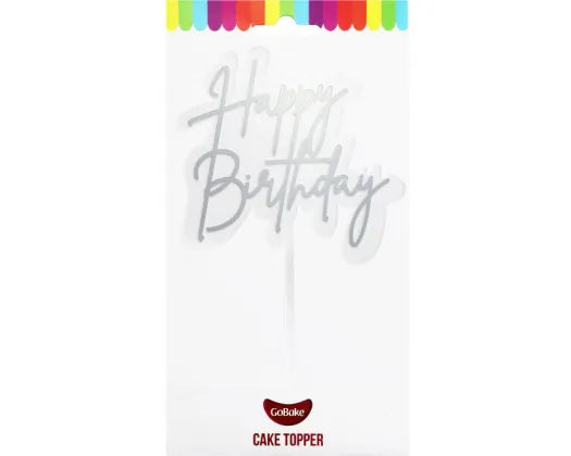 GoBake Small 'Happy Birthday' Elegant Silver Cake Topper