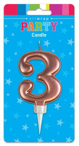 Large Rose Gold Number '3' Candle