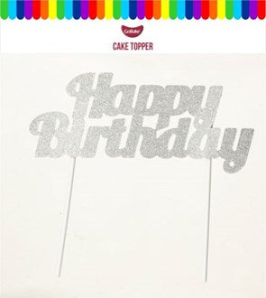 Silver Card 'Happy Birthday' Cake Topper